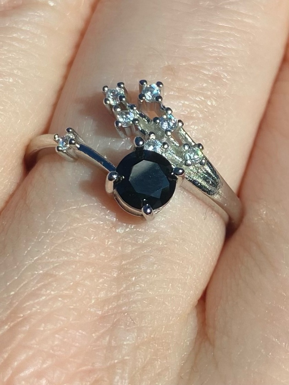 Black Obsidian Starburst Silver Tone Adjustable Ring